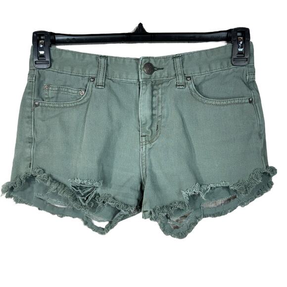 Free People SZ W25 Jean Shorts Distressed Mid-Rise Pockets Zip-Fly Olive Green - Picture 1 of 8
